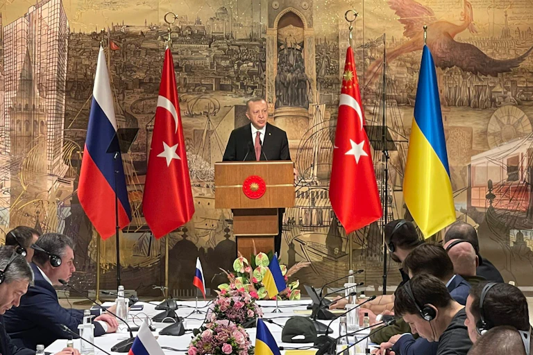Turkish president, Recep Tayyip Erdogan, addressing peace talks between Russia and Ukraine in Istanbul, March 2022.