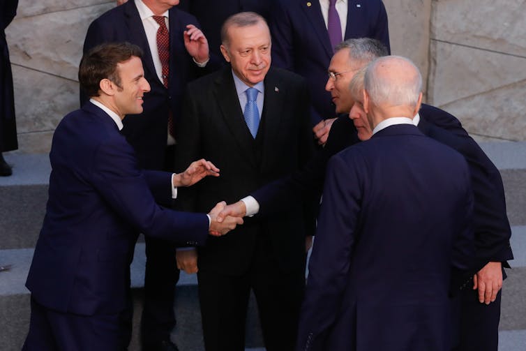 French President Emmanuel Macron, Turkish President Recep Tayyip Erdogan, Britain's Prime Minister Boris Johnson, US President Joe Biden and NATO Secretary General Jens Stoltenberg at a summit in Brussels, March 2022.