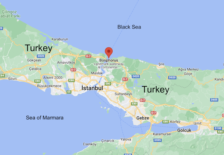 Map of Turkey with Bosphorus Strait, Sea of Marmara and Black Sea.