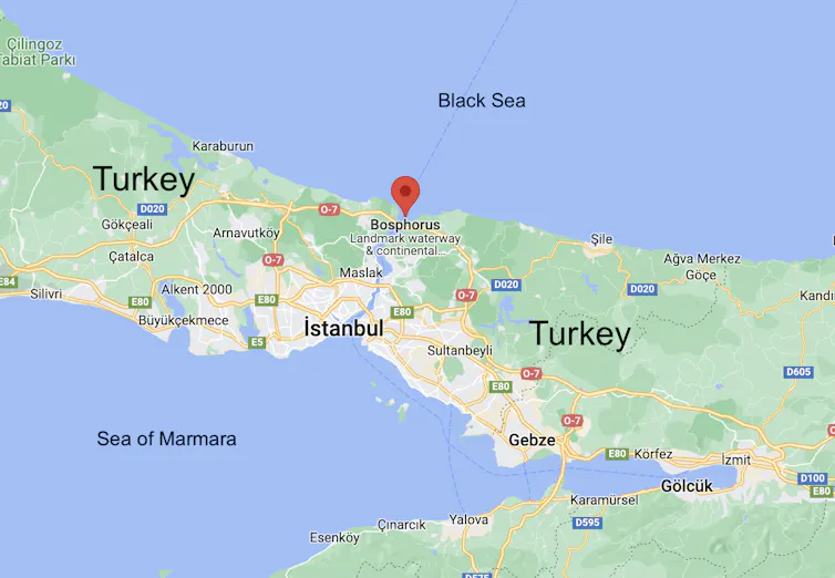 Map of Turkey with Bosphorus Strait, Sea of Marmara and Black Sea.