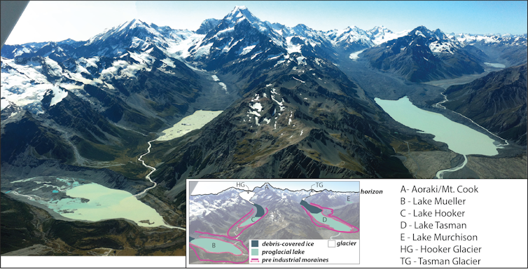 Aerial view of the Mueller, Hooker and Tasman lakes, surrounded by moraines, in Mt Cook National Park.