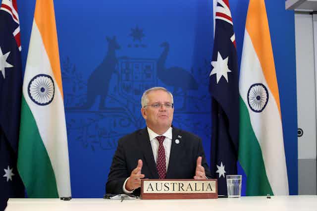 Prime Minister Scott Morrison speaking virtually with the Indian Prime Minister