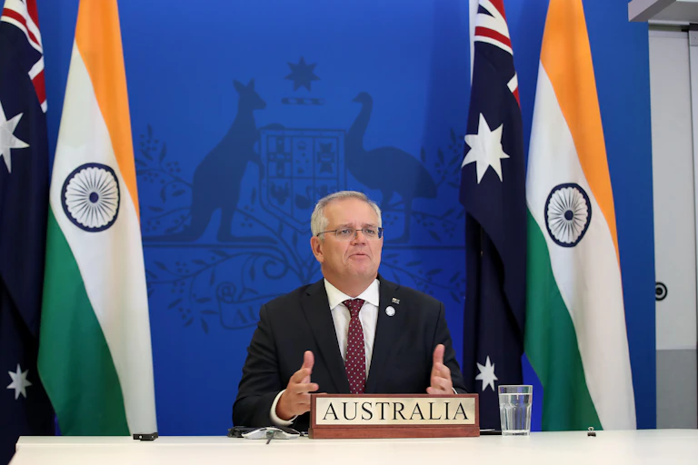 Prime Minister Scott Morrison speaking virtually with the Indian Prime Minister