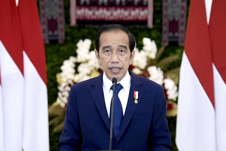 Joko Widodo speaking in front of Indonesian flags