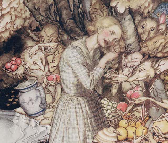  Illustration of a young woman surrounded by ratlike goblin creatures.