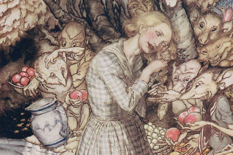 Illustration of a young woman surrounded by ratlike goblin creatures.