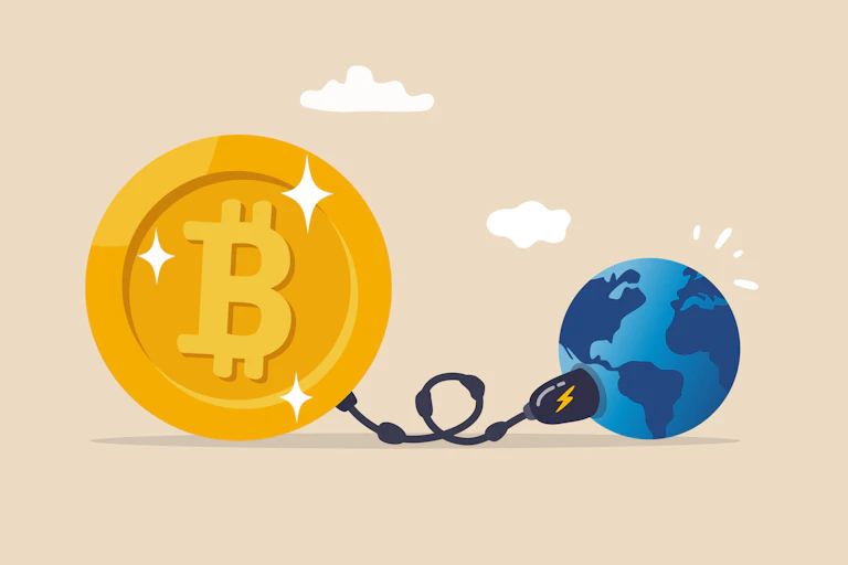 An illustration of a giant golden bitcoin drawing electricity from planet Earth via a cable.