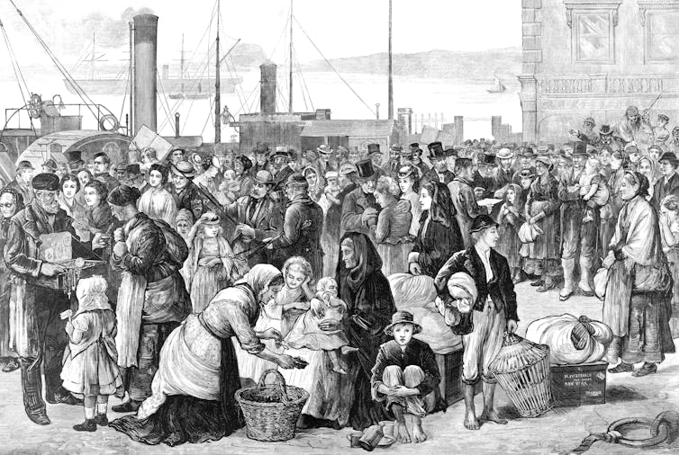 Illustration of people leaving Queenstown, Cork for America during the great famine.