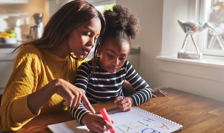 A young mother helping her daughter with school work at home