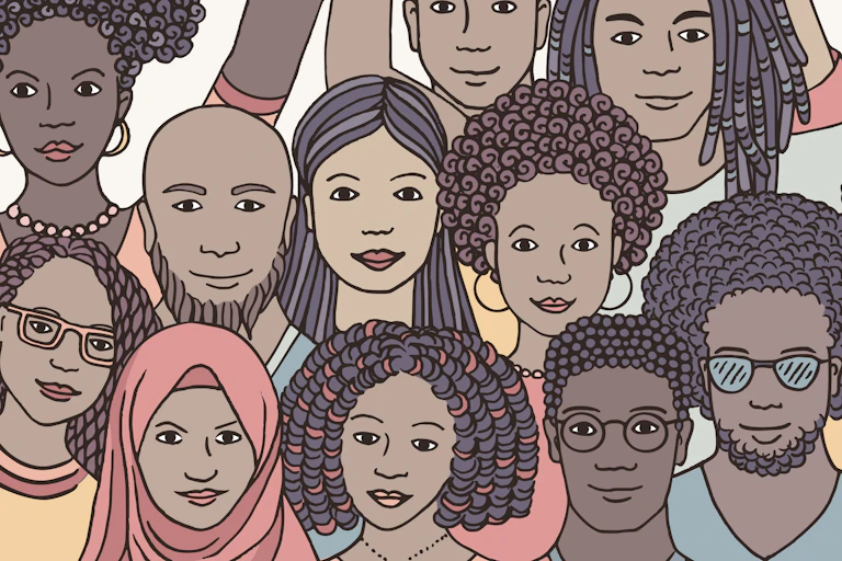 An illustration of a group of Black people, varying skin tones and appearances.