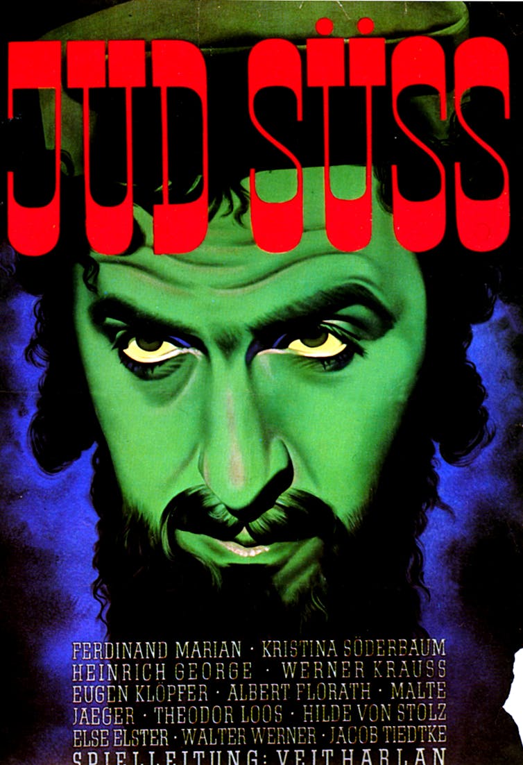 Las palabras 'Judd Suss' aparecen sobre el rostro de un hombre, demonizado con piel verde y rasgos alargados