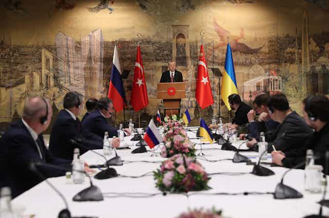Turkish president, Recep Tayyip Erdoğan, addresses peace talks between Russia and Ukraine in Istanbul, Turkey, March 2022.