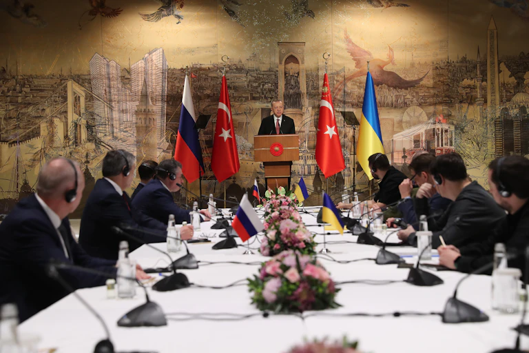 Turkish president, Recep Tayyip Erdoğan, addresses peace talks between Russia and Ukraine in Istanbul, Turkey, March 2022.
