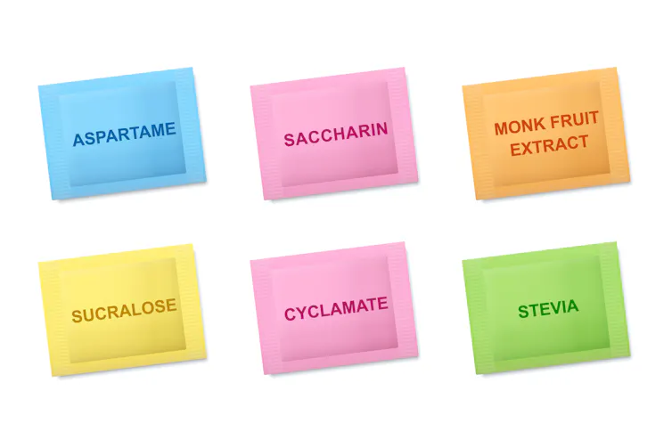 Pochettes colorées d’aspartame, de cyclamate, etc