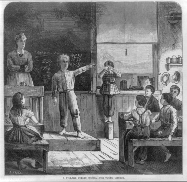 A wood engraving depicts a young student speaking to a school class