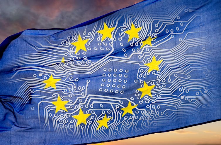 Illustration of EU flag with a microchip on top