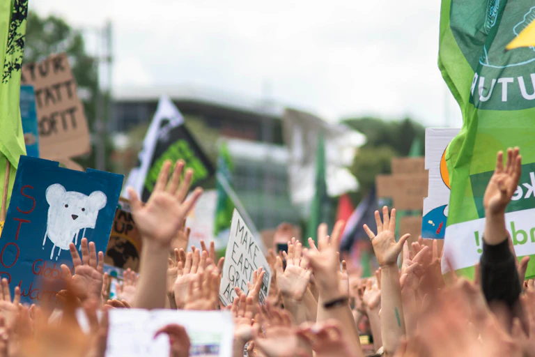 hands and signs at climate rally