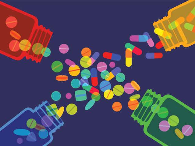 Illustration of four pill bottles spilling pills that coalesce at the center.