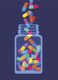 Illustration of pill capsules falling into pill bottle.