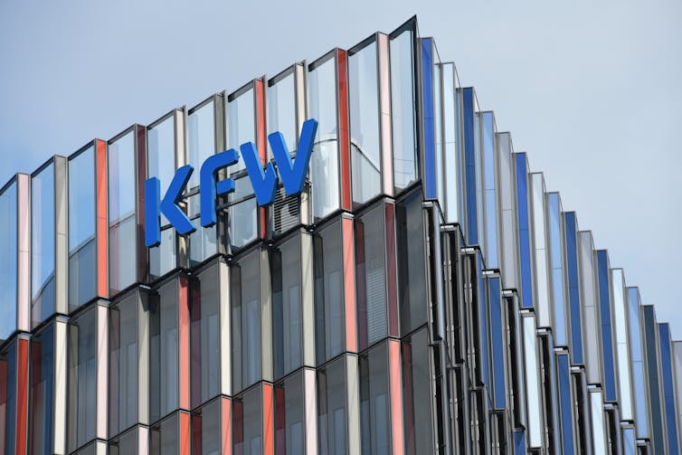 The corner of a building with KfW visible in blue letters