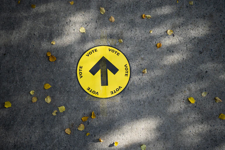 A yellow vote sticker on pavement surrounding by autumn leaves.