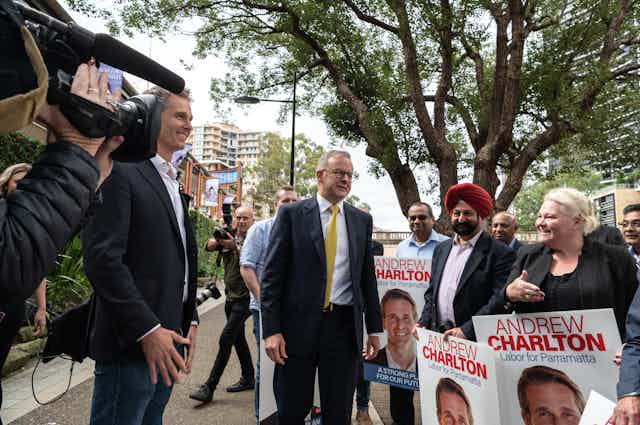 Opposition leader Anthony Albanese with new Labor candidate for Parramatta Andrew Charlton in Sydney
