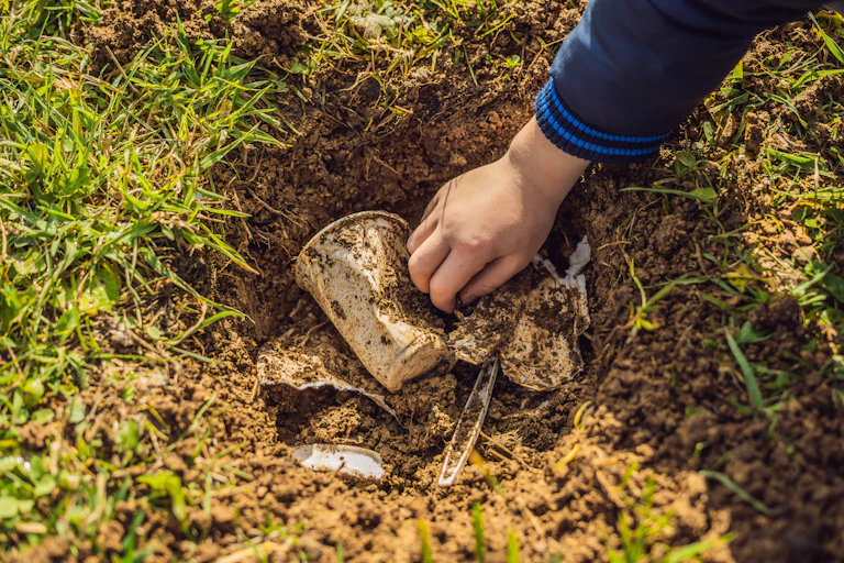 Hand reaching into cups buried in the ground