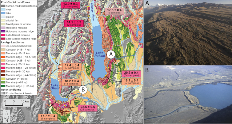 A map and images of Lake Ohau and Lake Pukaki moraines