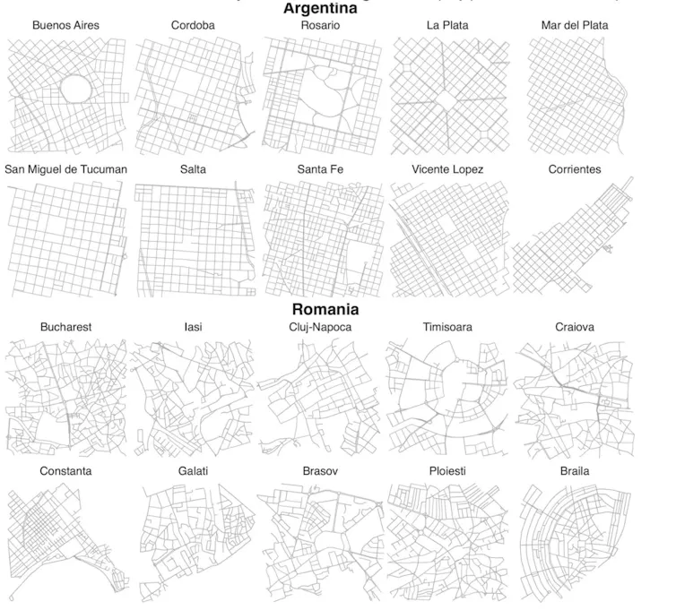 Drawing of city layouts: Argentina versus Romania.