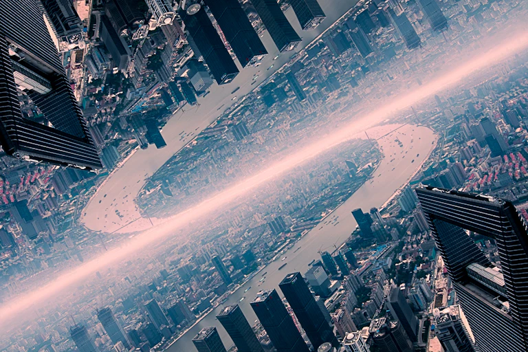 Aerial cityscape of Shanghai reflected diagonally