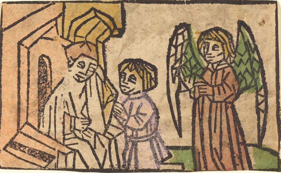 A drawing from the 15th century shows an angel and a priest on either side of a kneeling figure.