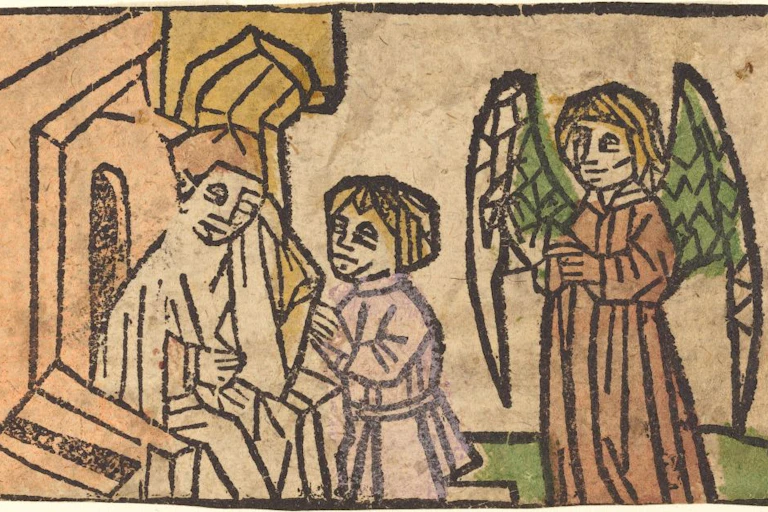 A drawing from the 15th century shows an angel and a priest on either side of a kneeling figure.