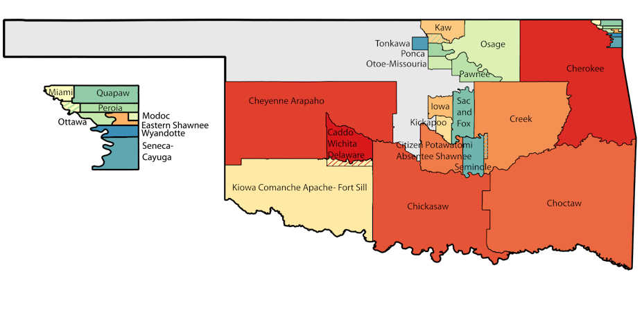 A map of Oklahoma showing tribal lands