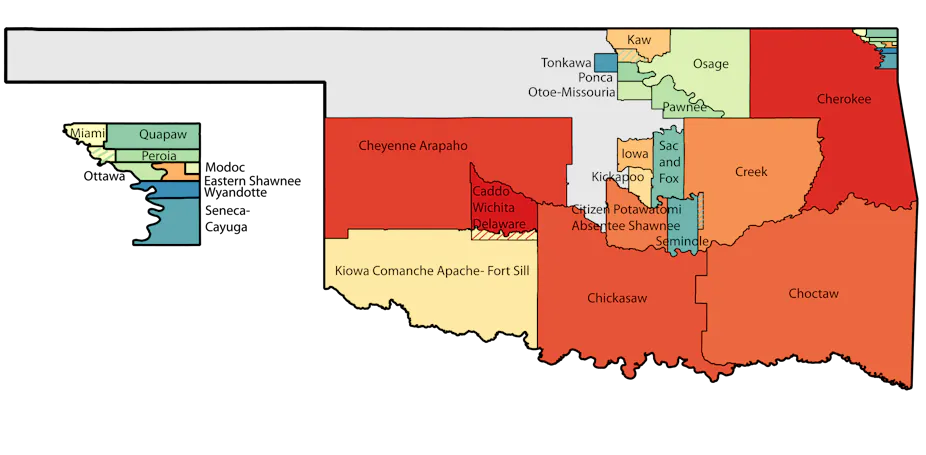 A map of Oklahoma showing tribal lands