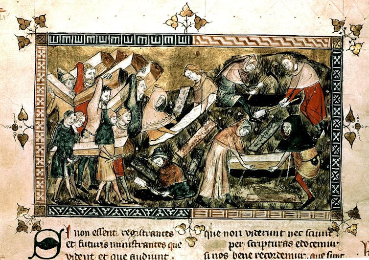 A manuscript depicts people burying victims of the Black Death plague.