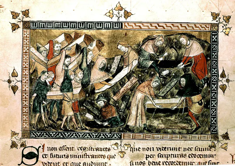 A manuscript depicts people burying victims of the Black Death plague.