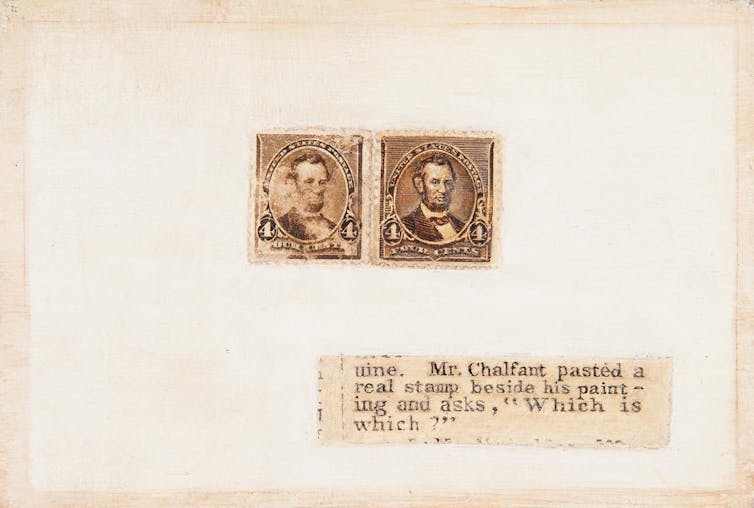 Two stamps featuring Abraham Lincoln's visage appear side by side.