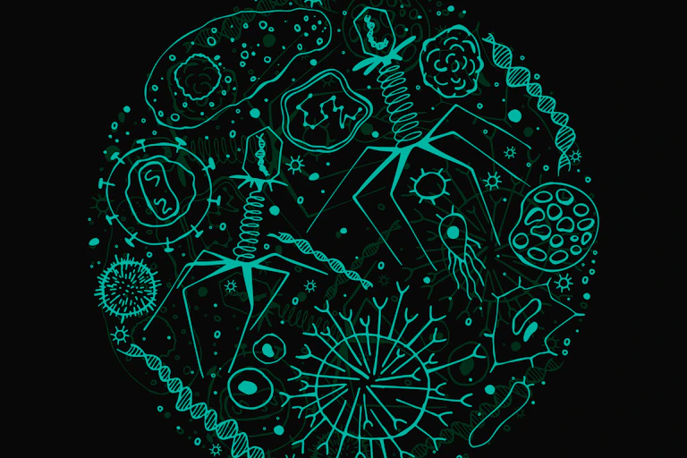 Illustration of microorganisms and viruses outlined in teal against a black background