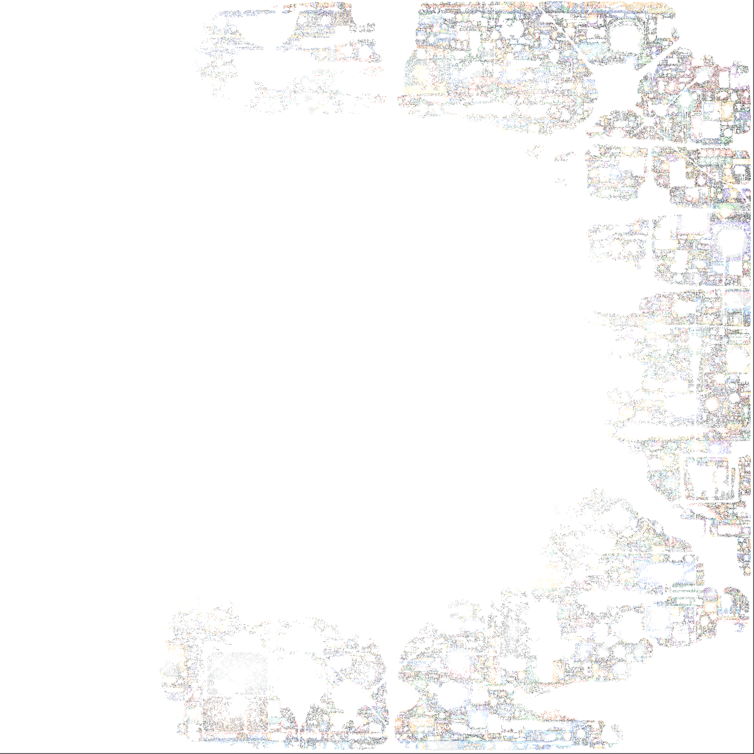 A, image of a large, bright white, blank space is surrounded by a faded, intricate border. The border is composed of numerous tiny, colorful patterns and shapes, creating an abstract, almost pixelated effect. The design is uneven, with denser areas at the top, bottom, and right side, while the left side has sparser decorations. The overall appearance is that of images that have been overtaken by a very bright light.
