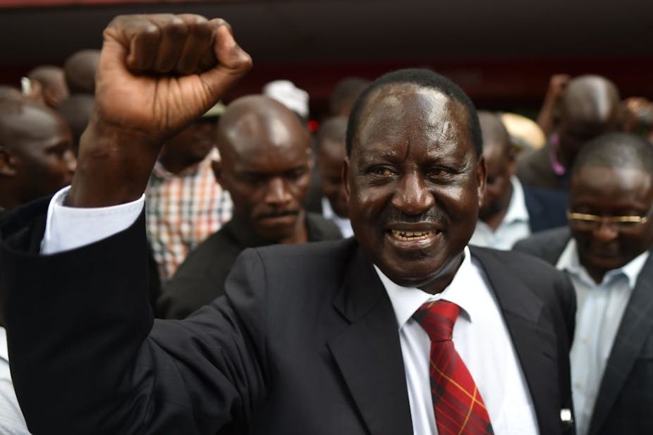 Raila Odinga raises a clenched fist