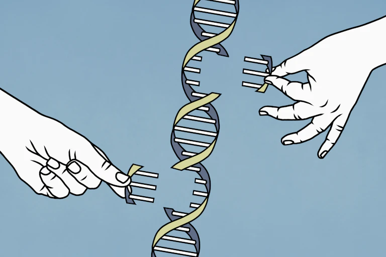 Illustration de deux mains insérant ou retirant des morceaux d'ADN d'un brin à double hélice.