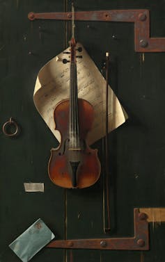 Painting of violin hanging with sheet music behind it.