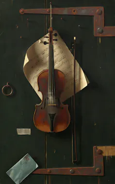 Painting of violin hanging with sheet music behind it.