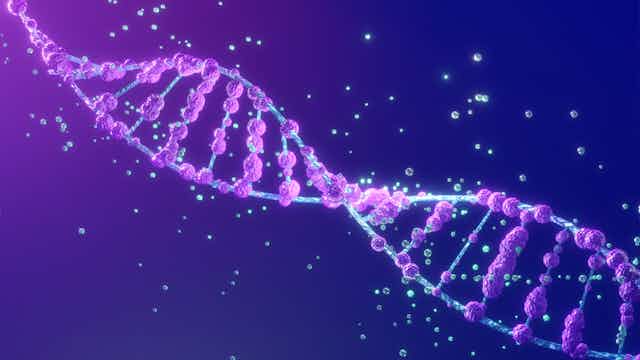 Illustration of DNA helix with small purple balls wrapped around each rung