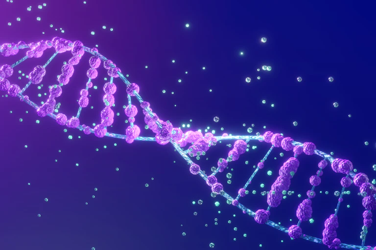 Illustration of DNA helix with small purple balls wrapped around each rung
