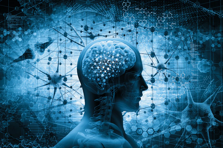 Silhouette d'une tête de profil montrant des points lumineux dans le cerveau, sur un fond ressemblant à un réseau de neutrons.