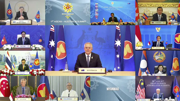 Australian Prime Minister Scott Morrison pictured on an online Zoom conference alongside other ASEAN heads of state.