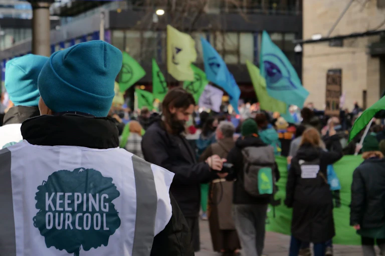A person in a high-vis jacket stands before a crowd of flag-carrying protesters.