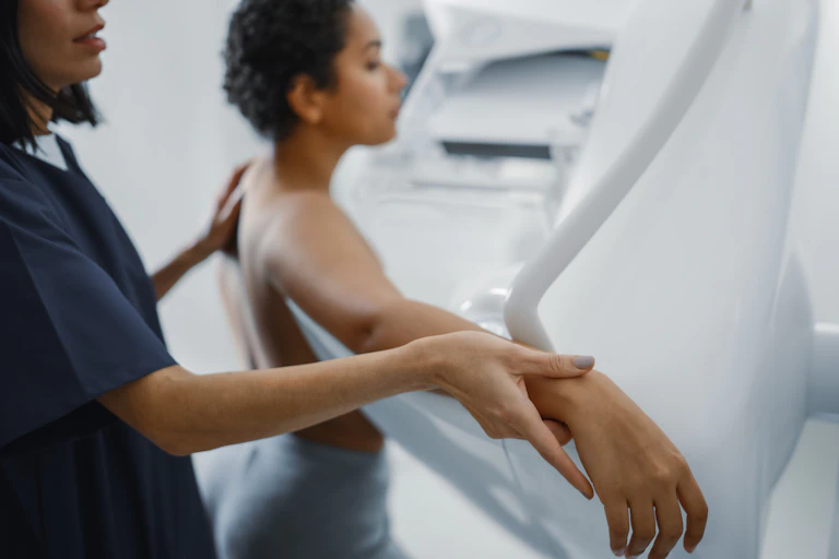 Woman having a mammography scan