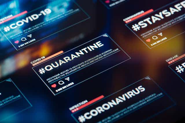 A display of social media hashtags like #Quarantine, #COVID-19 and #StaySafe with like and share buttons